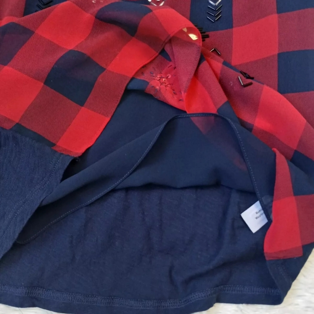 J Crew Navy Blue Red Checkered Sequin Beaded Shirt - Picture 4 of 10